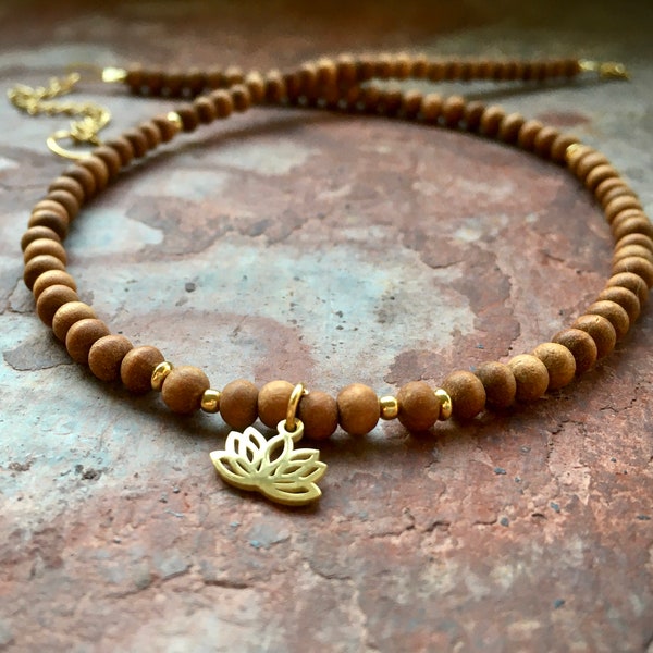 Sandalwood choker necklace with golden lotus flower