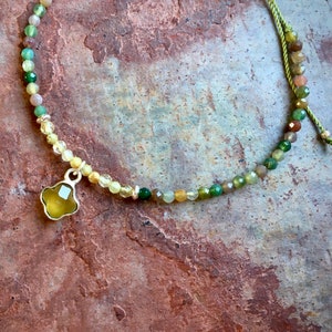 Lucky charm gemstone stack bracelet made of colorful jasper & citrine. With clover leaf pendant.