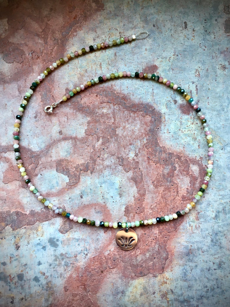 Colorful natural healing stone necklace made of shiny tourmaline rondell beads and lotus blossom plate pendant made of stainless steel