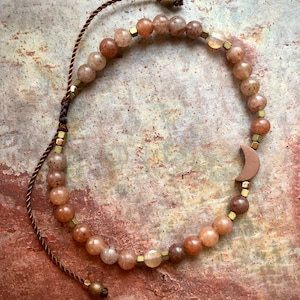 Adjustable gemstone bracelet (chalcedony, moonstone, hematite) with crescent moon