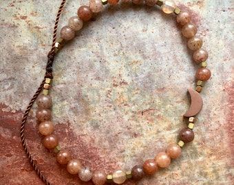 Adjustable gemstone bracelet (chalcedony, moonstone, hematite) with crescent moon