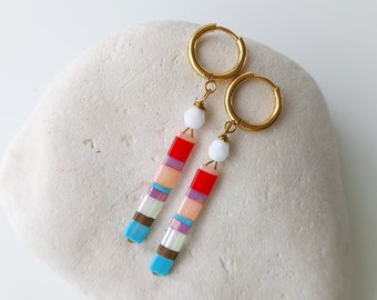 Bunte Miyuki Tila Perlen Ohrringe / Glas baumeln lange Ohrringe / Color Block Gestreifte Ohrringe / Geschenk für Sie / Sommer Schmuck