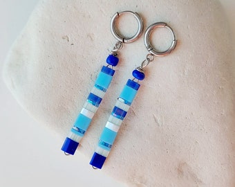 Blue modern earrings/ Tila Bead Earrings/ Miyuki earrings/ Glass Dangle Earrings/ Long Earrings/ Color Block Earrings/Striped earrings