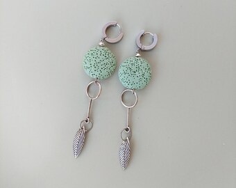 pendientes de difusor de aroma pasivo/ pendientes de roca de lava/ pendientes de estilo boho/ pendientes de hoja verde/ pendientes colgantes largos