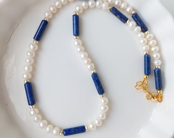 Freshwater Pearl & lapis lazuli choker/ Blue white gemstone necklace aesthetic/ Delicate Elegant Midcentury Modern necklace/ Gift for her/