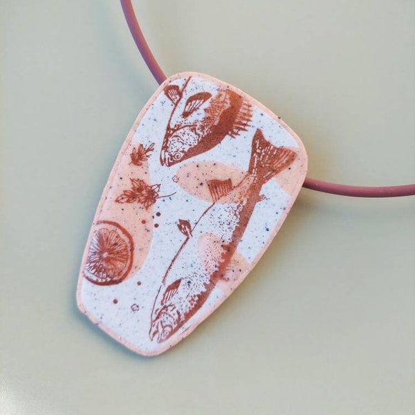 Fish print pendant/ Polymer clay necklace/ Brown beige necklace/ Statement halskette/ OOAK necklace/ Large pendant necklace/