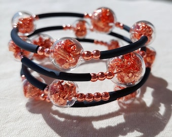 Blown Glass Bangle Bracelet with Rose Gold Flakes - Adjustable Rubber