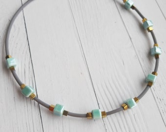 Minimalist necklace/ Ceramic necklace/ Cube beads jewelry/ Light blue necklace/ Modern necklace/ Casual necklace/ Porcelain necklace
