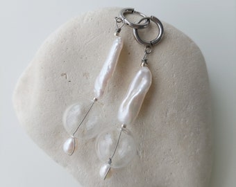 Long pearl earrings, Glass ball earrings, Long Modern earrings, Orb bubble earrings, Lampwork Dangle earrings, Hollow Blown glass earrings