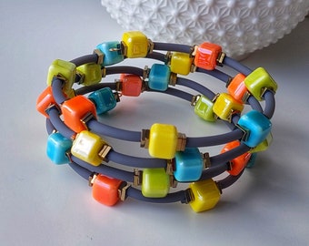Memory wire bracelet, Wrap porcelain bracelet, Multilayer Ceramic bracelet, Glossy bracelet, Cube beads bracelet, Colourful bright bracelet