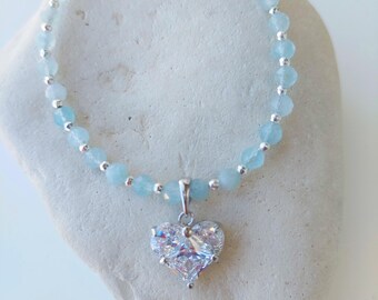 Aquamarine Beaded Bracelet: Silver Hematite, Crystal Heart Pendant