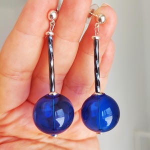 Blue Glass bubble earrings/ Blown Hollow glass Dangle earrings/ Large ball Long earrings/ Airy Stylish Modern jewelry for her