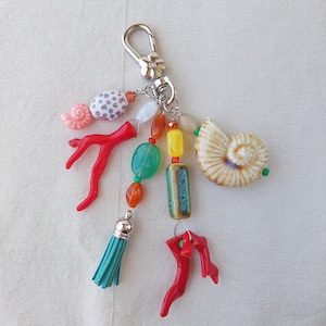 Shell bag charms/ Unique beaded bag charm/ beach bag charms/ Ceramic clay bag accessories/ custom keychain/ Tassel purse charm
