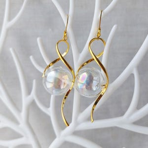 Clear Rainbow Glass bubble earrings/ Blown Hollow orb glass balls earrings/ Long Modern Stylish Dangle Drop earrings/ Nice Gift
