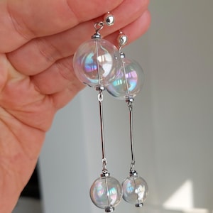 Rainbow Glass bubble earrings/ Blown Hollow glass Dangle earrings/ Large ball Long earrings/ Airy Stylish Modern jewelry for her