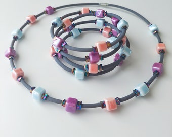 Ceramic beads jewelry set/ Geometric jewelry set /Minimalist jewelry set/ Pink grey purple jewelry set/ Gift for her/Modern jewelry