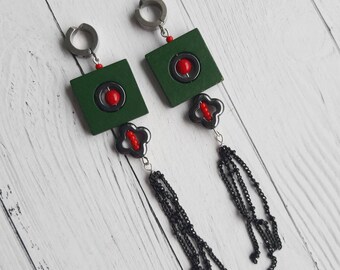 Long wooden earrings/ Hematite coral clip on/ Green  square earrings/ Black chain earrings/ Large earrings/ Gemstone earrings/ Handmade