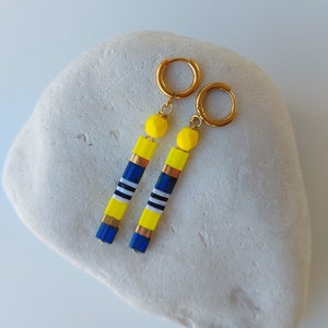 Yellow Tila Beads Earrings/ Miyuki beaded Glass Dangle Earrings/ Colorful Long Earrings/ Color Block Striped earrings/ Unique comfortable