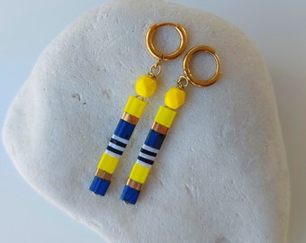 Boucles d'oreilles perles jaunes Tila/ Boucles d'oreilles pendantes en verre et perles Miyuki/ Boucles d'oreilles longues colorées/ Boucles d'oreilles à rayures color block/ Unique confortable