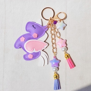 Unicorn bag charm/ Leather bag charms/ Cute funny unique bag accessories/ Pink purple star keychain/ Statement acrylic keychain