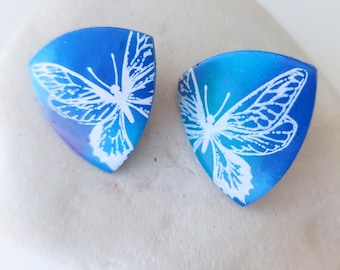 Butterfly earrings/ Blue handmade earrings/ Crafted jewelry/ OOAK earrings/ Triangular earrings/ Statement studs earrings