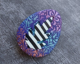 Purple contemporary brooch/ Polymer clay brooch/ Leaf brooch/ Striped Oval brooch/ Statement brooch, modern brooch, Blue unique boho brooch