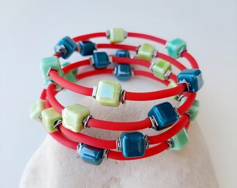 Wrap porcelain bracelet/Ceramic bracelet/ Multilayer bracelet/Cube beads bracelet/Handcraft jewelry/ Red green bracelet/