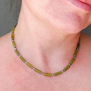 Green Natural Jade & Silver Hematite tube beaded choker necklace/ Unisex Minimalist jewelry/ Gift for her him/ Gemstones necklace aesthetic