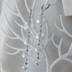 Clear Rainbow Glass bubble earrings/ Blown Hollow orb glass balls earrings/ Long Modern Stylish Dangle Drop earrings/ Nice Gift