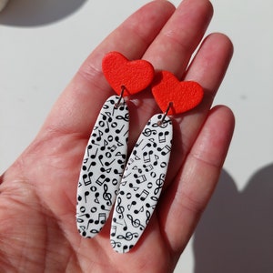 Vivid earrings/ Music earrings/ Statement earrings/ Orange dangle earrings/ Unique earrings/ Black white earrings/ Hearts earrings/ zdjęcie 3
