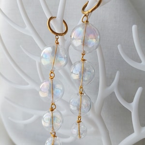 Clear Rainbow Glass bubble earrings/ Blown Hollow orb glass balls earrings/ Long Modern Stylish Dangle Drop earrings/ Nice Gift