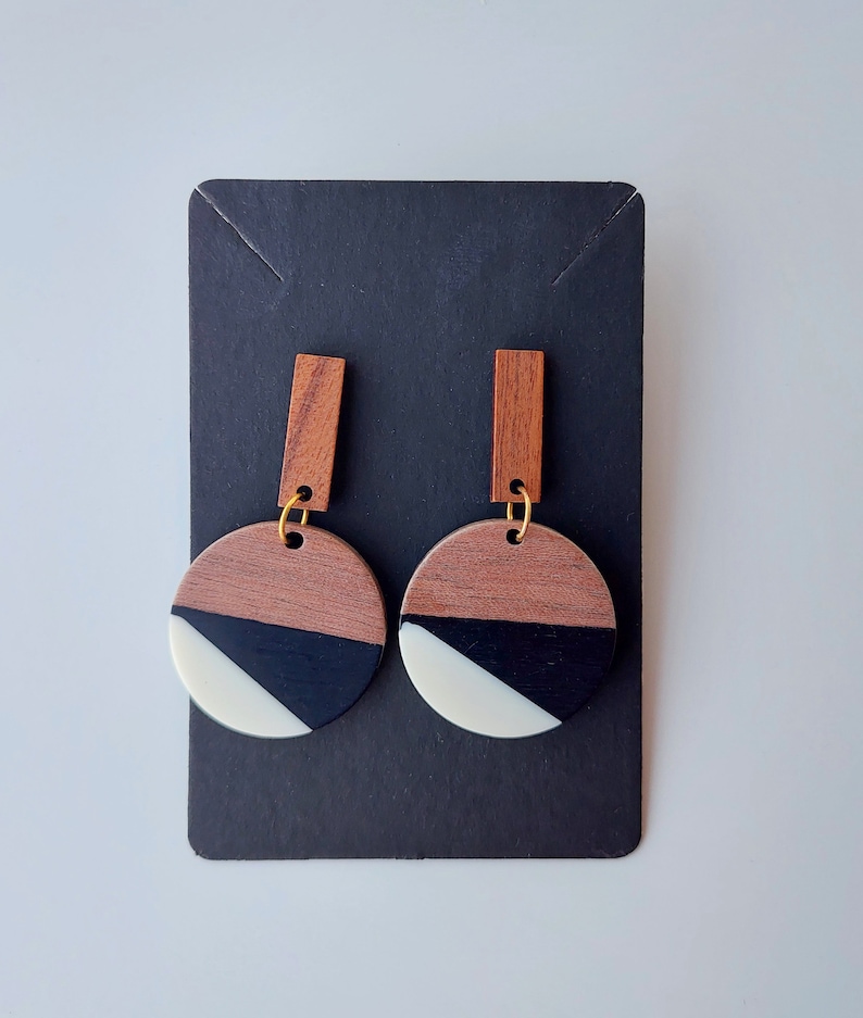 Long Dangle Natural Wood and Epoxy Resin Earrings/ Statement Black White Earrings/ Comfortable Lightweight Boho jewelry/ Gift for girlfriend 4
