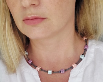 Delicate Colourful ceramic necklace/ Cube beads Porcelain necklace/ Minimalist Pink necklace/ Modern Casual jewelry/ Gift for mom/ Birthday