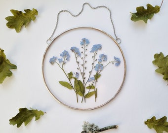 Pressed flower frame forget-me-nots wall hanging glass panel Mother dey gift Framed art