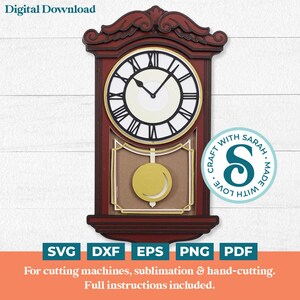 May include: A red and gold grandfather clock with a pendulum. The clock face has Roman numerals and black hands. The clock is decorated with a gold trim and a gold pendulum bob. The clock is labeled "Craft with Sarah. Made with Love."