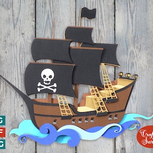 File di taglio SVG nave pirata / Nave pirata in mare a strati 3D