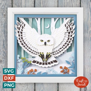 Harfang des neiges hiver SVG |  Fichier de découpe Shadow Box Chevêche plongeant la nuit