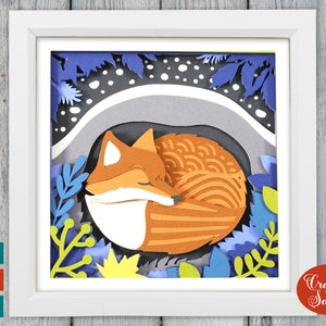 Boîte d'ombre de renard d'hiver SVG | Lime à découper pour renard endormi