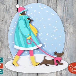 Winter Dog Walk SVG | Layered Dachshund Dog SVG