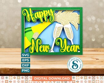 Happy New Year Champagne A2 Card SVG | Layered New Year's Eve Card Cut Files