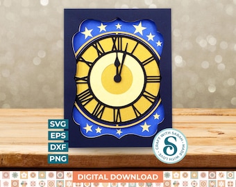 Happy New Year Clock A2 Card SVG | Layered New Year Card Cut Files