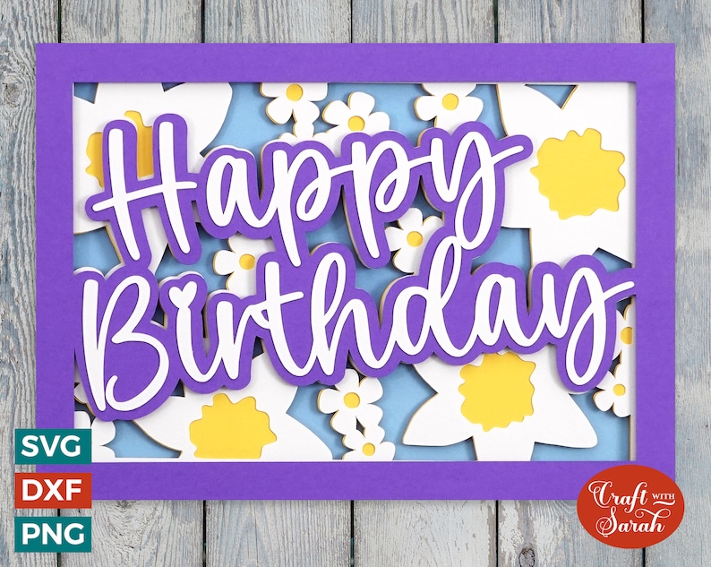 May include: Purple card with a white frame and a blue background. The card says "Happy Birthday" in white letters with a white flower pattern behind the letters.