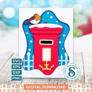 Può includere: Un design artigianale a strati di carta con una cassetta postale rossa con un pettirosso in cima, su uno sfondo invernale blu e bianco. Il design include il testo "DOWNLOAD DIGITALE".