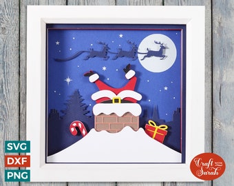 Weihnachtsmann in Chimney Schattenbox | Weihnachts Shadow Box SVG