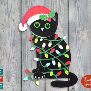 Chat de Noël en lumières SVG | Fichiers découpés en couches pour chats festifs