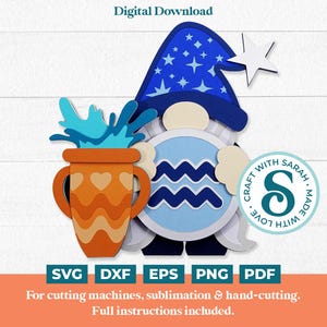 Gnome Verseau SVG | Fichiers de découpe de gnome du zodiaque féminin en couches