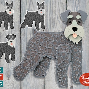 May include: A gray, intricately patterned, paper cut-out of a miniature schnauzer dog. The dog is standing with its tongue sticking out. The image includes the text "Craft with Sarah".
