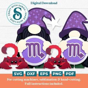 Paire de SVG Gnome Scorpion | Fichiers de découpe pour gnome du zodiaque masculin et féminin en couches