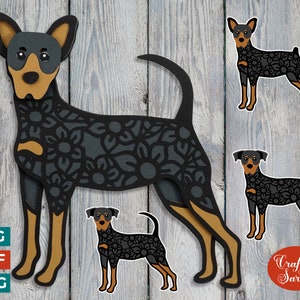 May include: A digital cut file design featuring three black and white patterned miniature pinscher dogs. The design is perfect for crafting projects like vinyl decals, paper crafts, and more.
