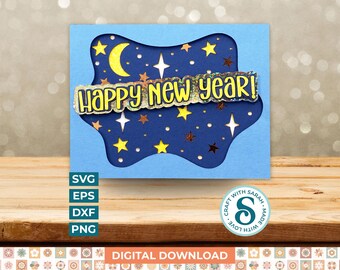 Happy New Year Stars A2 Card SVG | Layered New Year Card Cut Files